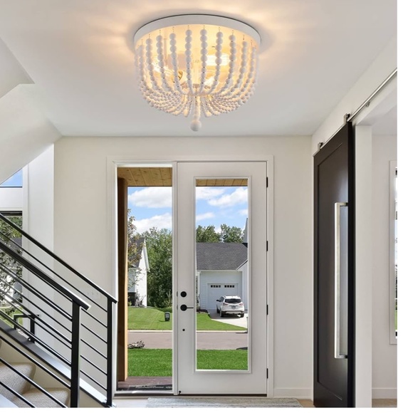 Light Fixture Ceiling Flush Mount White Wood Beaded Vintage Boho/Farm Style - Picture 4 of 9